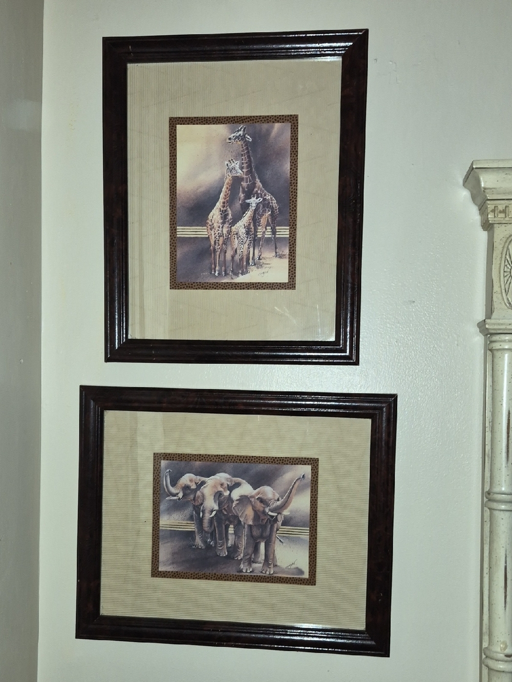 Set 2 Nancy Azneer Basket Weaved Matte  framed Family of Elephants & Giraffes